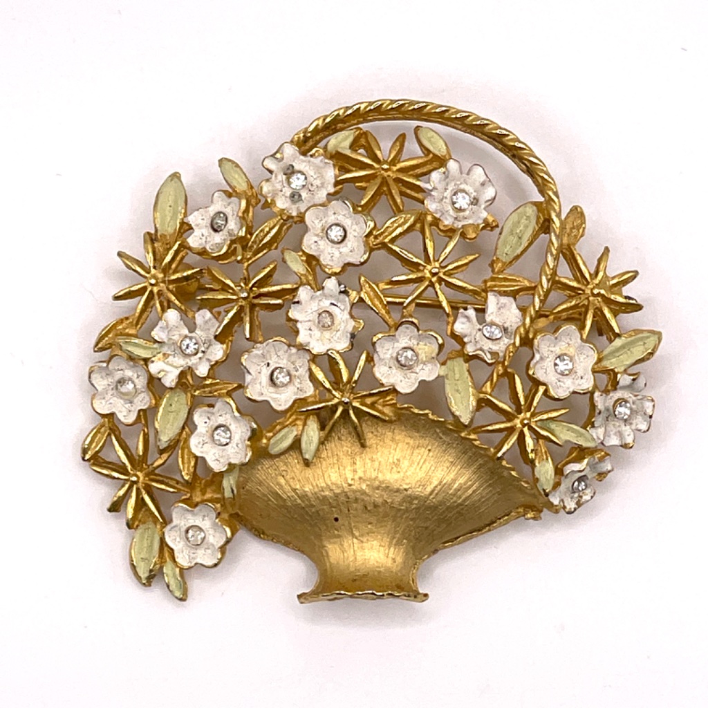Kramer Signed Vintage Gold Tone Flower Basket Pin Brooch